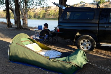 Our swag at sunset beside the Murray River