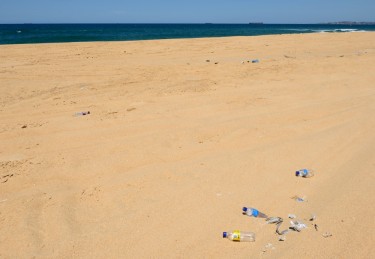 Plastic water bottles and other rubbish on the beach