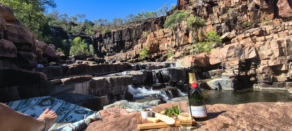 Cheese platter & champagne picnic at Twin Flame Falls